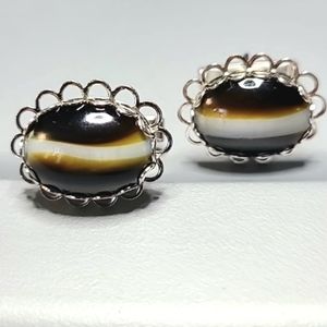 Rare 1960s Cufflinks Banded Agate Silver Alloy Retro Vintage Unique